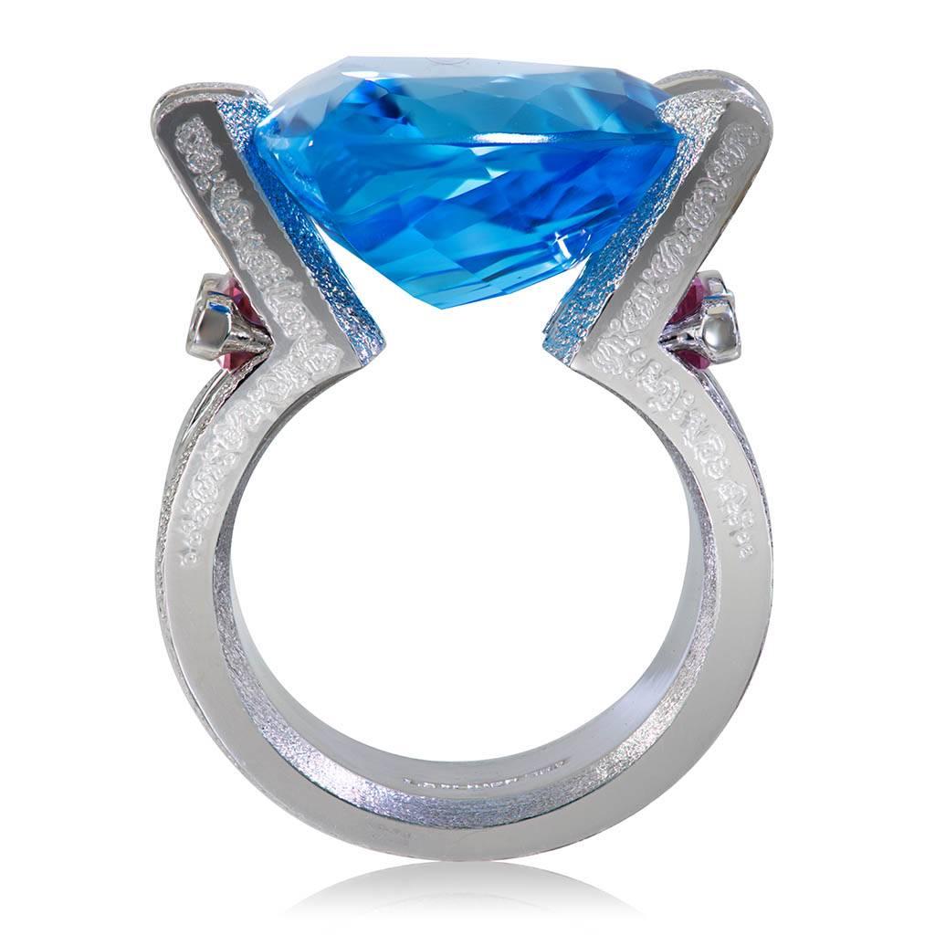 Trillion Cut Blue Topaz Tourmaline Diamond White Gold Ring One of a Kind For Sale