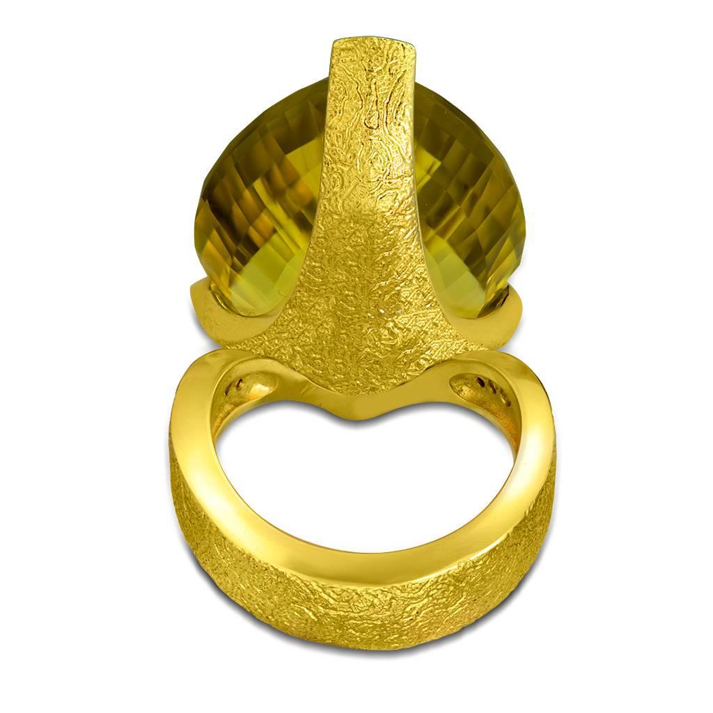Alex Soldier Lemon Quartz Sapphire Hand-Textured Gold Swan Cocktail Ring 3