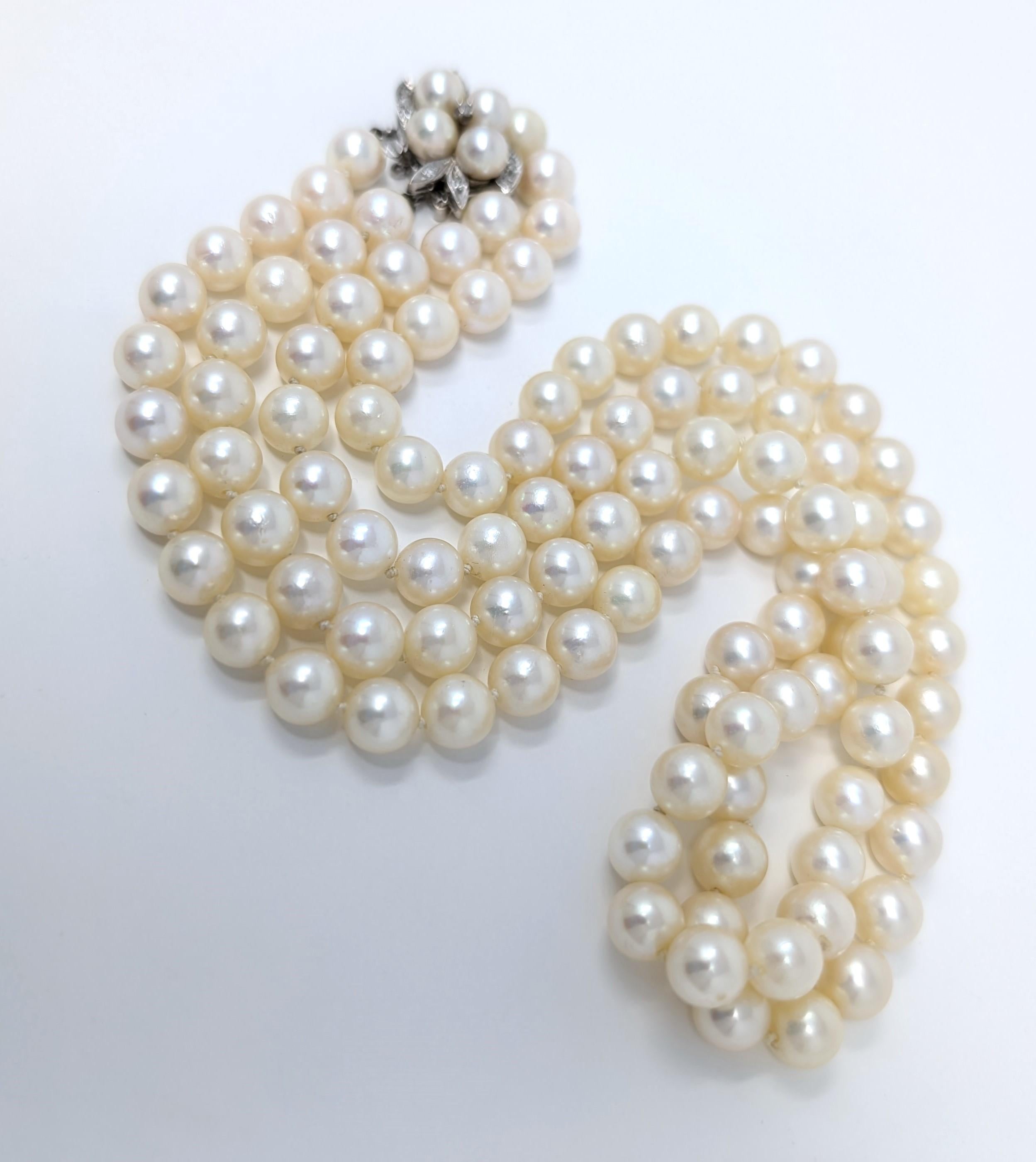 Vintage 14k Collana a doppio filo di perle Akoya con diamanti in oro bianco massiccio in vendita 1