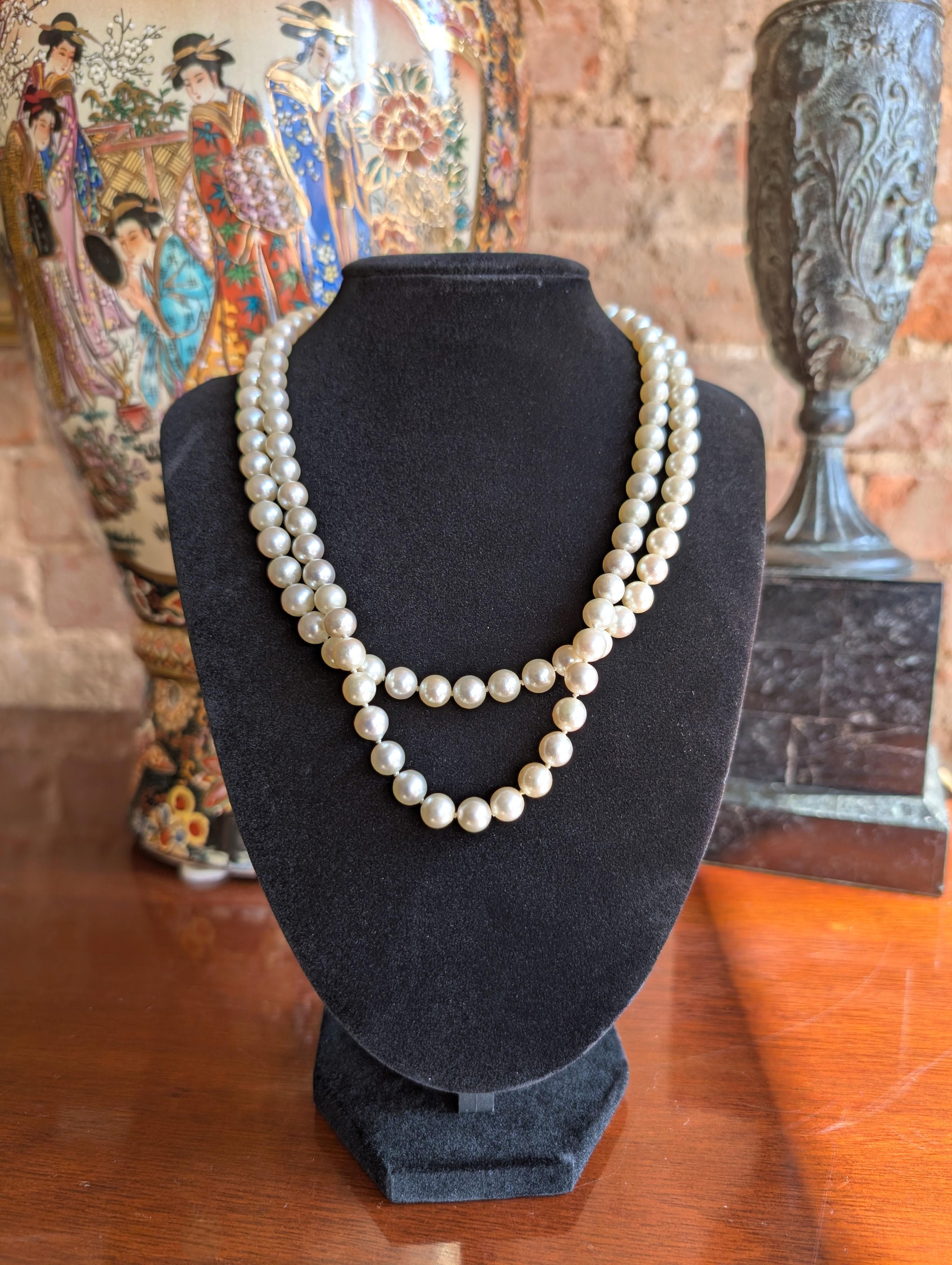 Donna Vintage 14k Collana a doppio filo di perle Akoya con diamanti in oro bianco massiccio in vendita