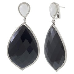 18KT White Gold Faceted Black Onyx and White Agate Diamond Drop Earrings