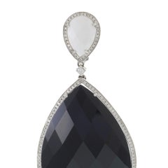 18KT White Gold Faceted Black Onyx and White Agate Diamond Drop Earrings