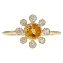 14KT Yellow Gold Citrine and Diamond Milgrain Flower Ring