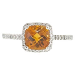 14KT White Gold Checkerboard Citrine and Diamond Square Halo Ring