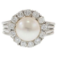 14KT White Gold Vintage Pearl and Diamond Halo Cocktail Ring