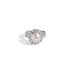 14KT White Gold Vintage Pearl and Diamond Halo Cocktail Ring