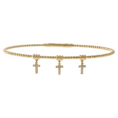 14KT Yellow Gold Beaded Flex Bangle with Three Diamond Cross Charms
