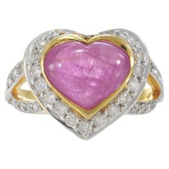 Bague en or jaune 18KT certifiée AIG avec cœur en rubis de Birmanie et diamants