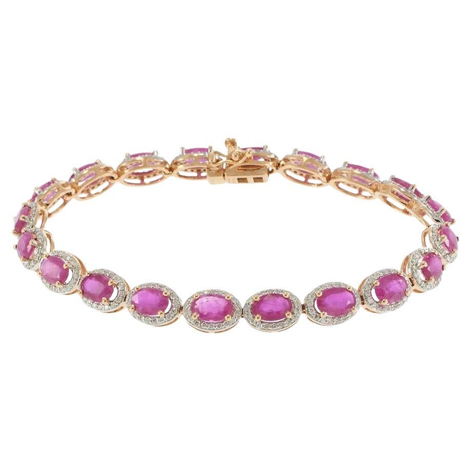 Pulsera Halo de Rubíes Ovalados y Diamantes de Oro Rosa de 14 KT