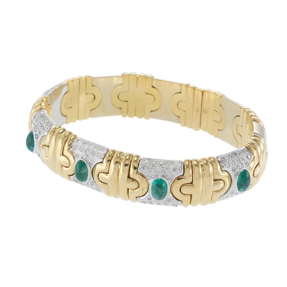 Rétro Bracelet rétro en or bicolore 18KT avec émeraude et diamant en cabochon en vente