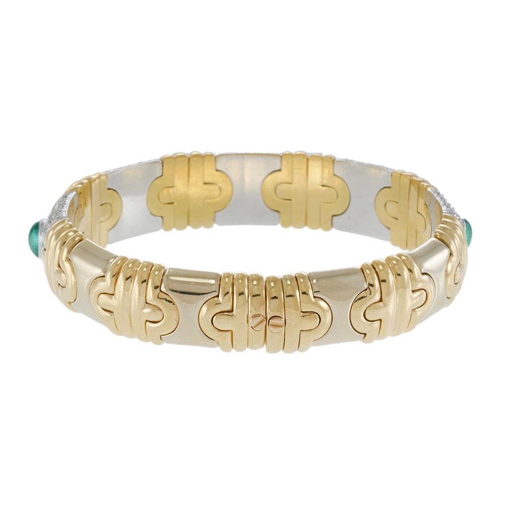 Bracelet rétro en or bicolore 18KT avec émeraude et diamant en cabochon Bon état - En vente à New York, NY