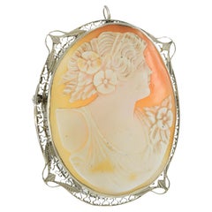 Broche ancienne en or blanc 14KT Filigrane Portrait Camée