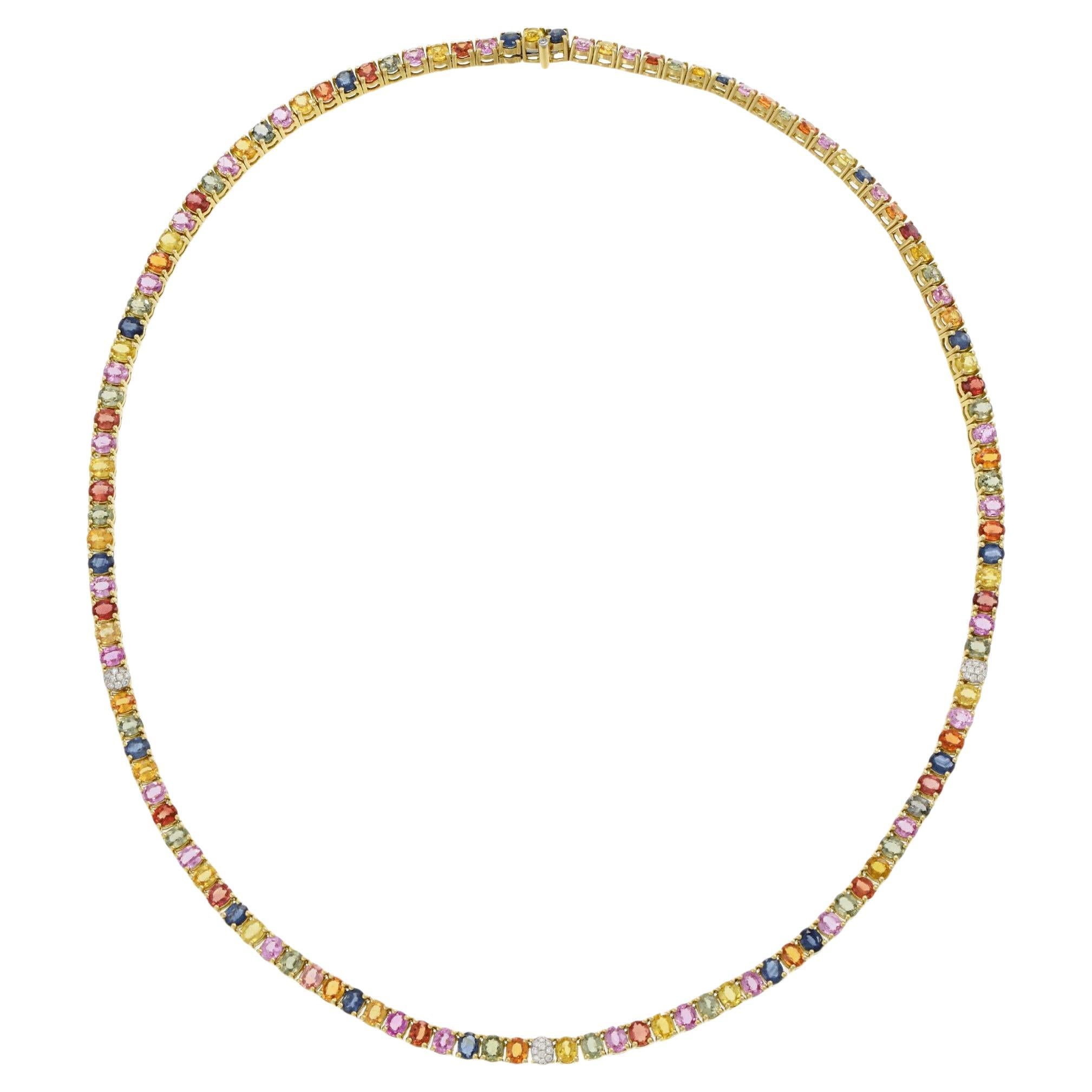 Collana tennis in oro giallo 18KT con zaffiri e diamanti multicolore in vendita