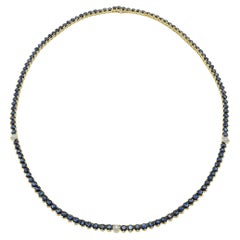 18KT Yellow Gold Sapphire & Diamond Tennis Necklace