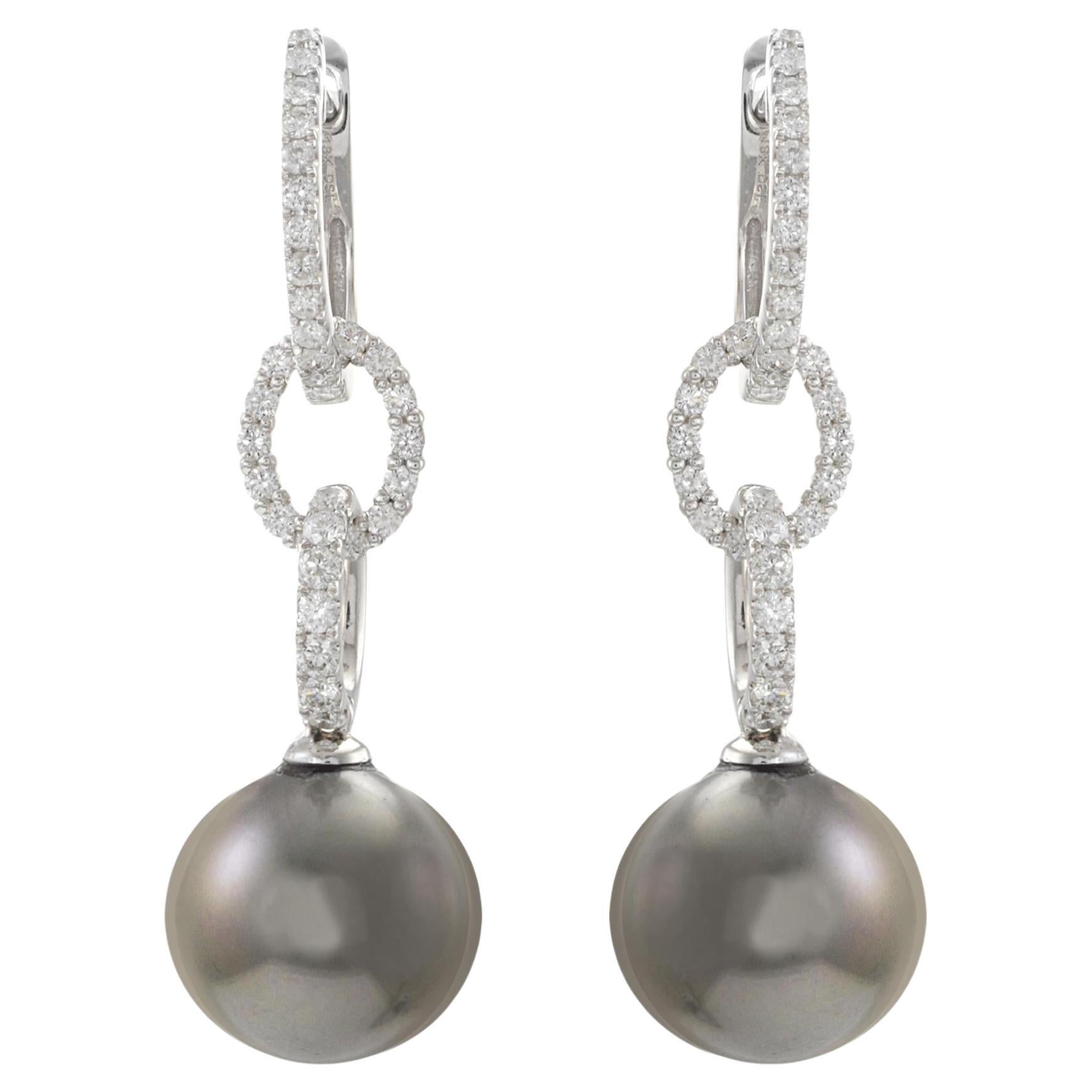 Boucles d'oreilles pendantes en or blanc 18KT avec perles de Tahiti et diamants