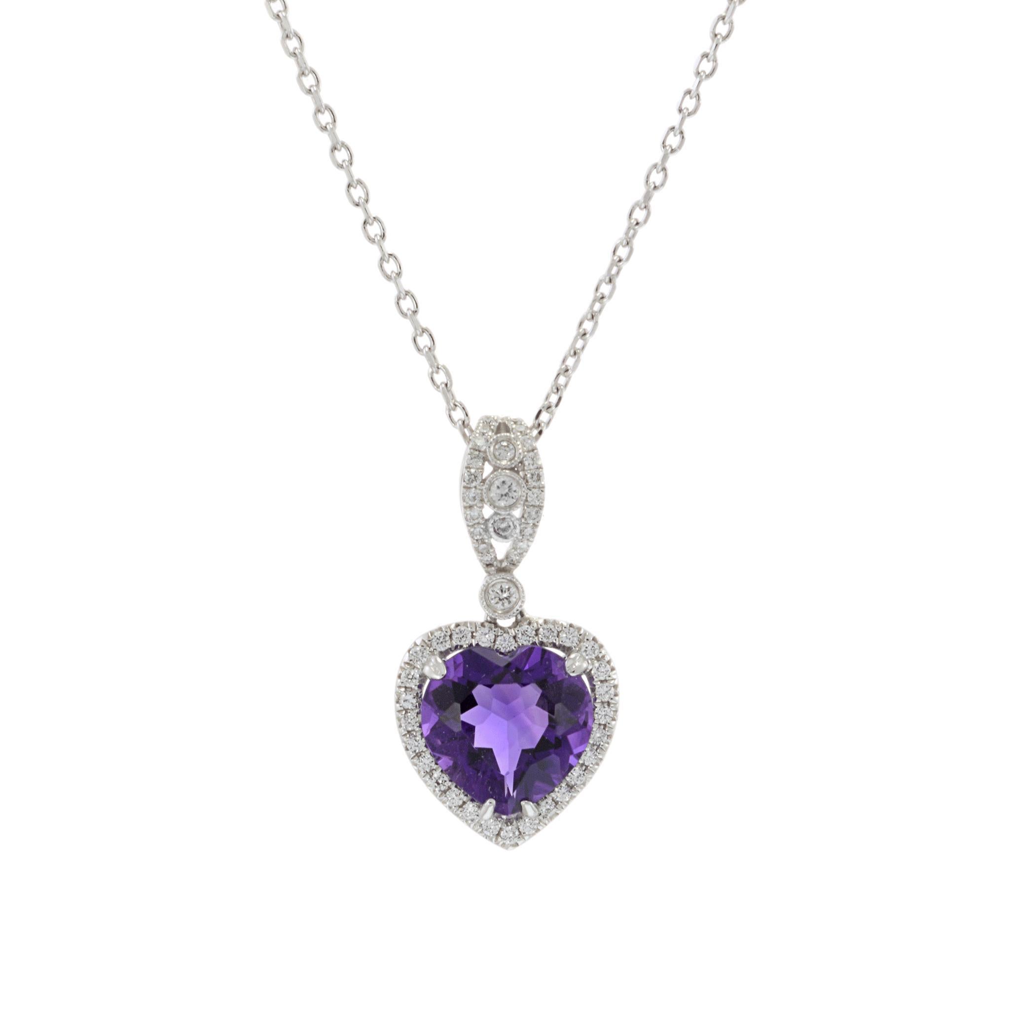 Collier en or blanc 14KT avec pendentif en forme de cœur en améthyste et diamant Neuf - En vente à New York, NY