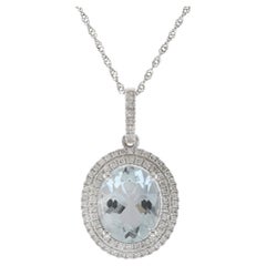 Collier pendentif halo en or blanc 14KT avec aigue-marine ovale et diamant