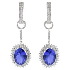 18KT White Gold Oval Tanzanite and Diamond Drop Earrings