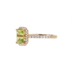14KT Rose Gold Emerald Cut Peridot Diamond Halo Ring with Diamond Shank