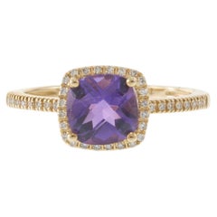 14KT Yellow Gold Cushion 1.28CT Amethyst Diamond Halo Ring with Open Gallery