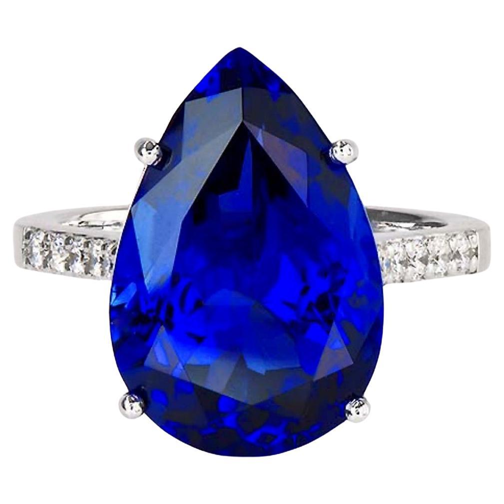 9.23ct Tanzanite & 0.23ct Diamond Ring-Pear Shape-18KT Gold-GIA Certified-Rare For Sale