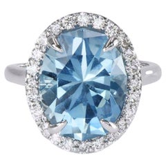 6,45 Karat Aquamarin & Diamant Halo-Ring-OVAL-Schliff-18KT Weißgold-GIA-zertifiziert