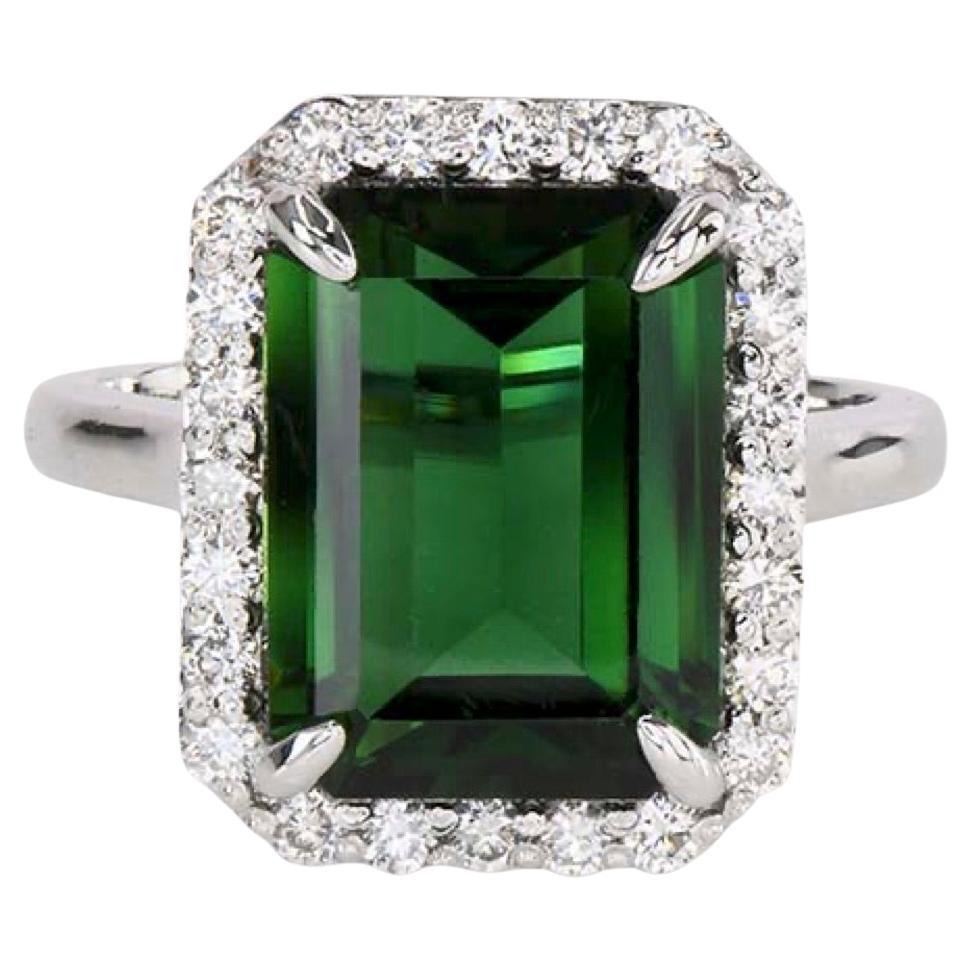 5.55ct Chrome Tourmaline & .47 Diamond Ring-Emerald Cut-18KT Gold-GIA certified For Sale