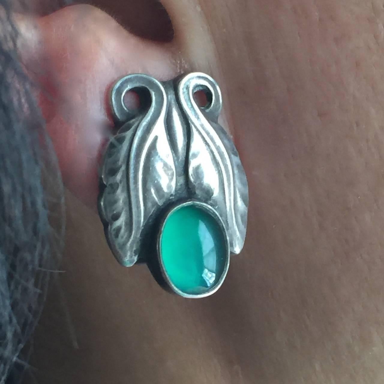 Georg Jensen Sterling Silver Foliate Earrings No. 108 with Green Chrysoprase In Excellent Condition For Sale In San Francisco, CA
