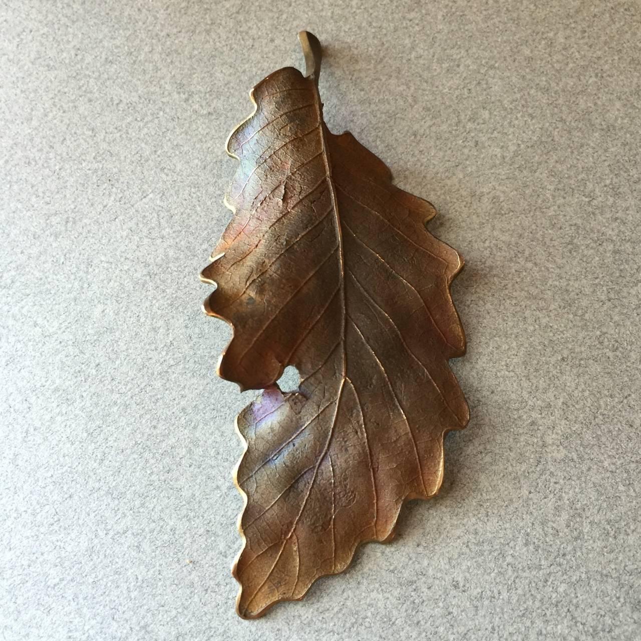 Modern John Iversen Patinated Bronze Leaf Brooch For Sale