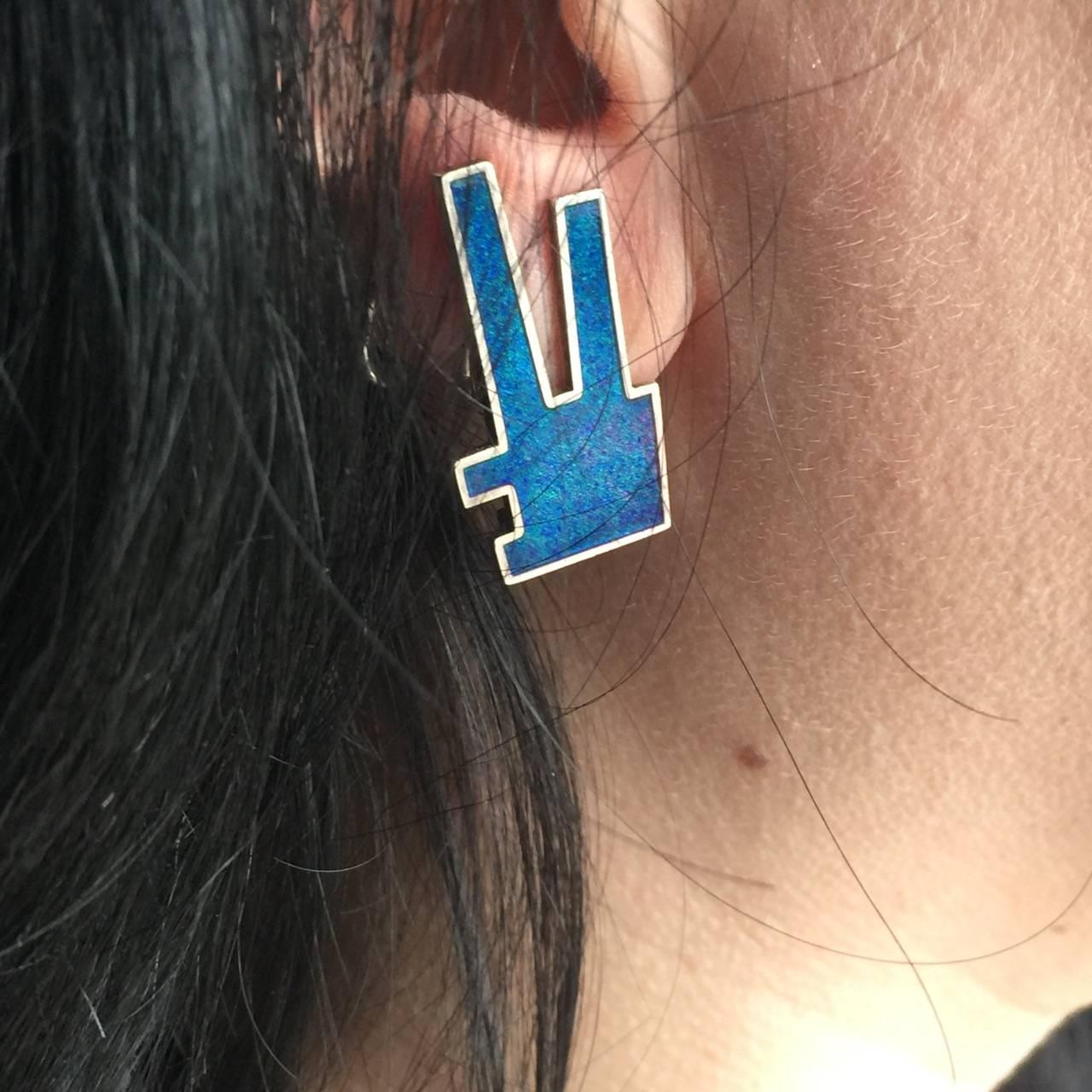 Modernist Georg Jensen Sterling Silver Clip-On Earrings with Blue Enamel No.132 by Bonne