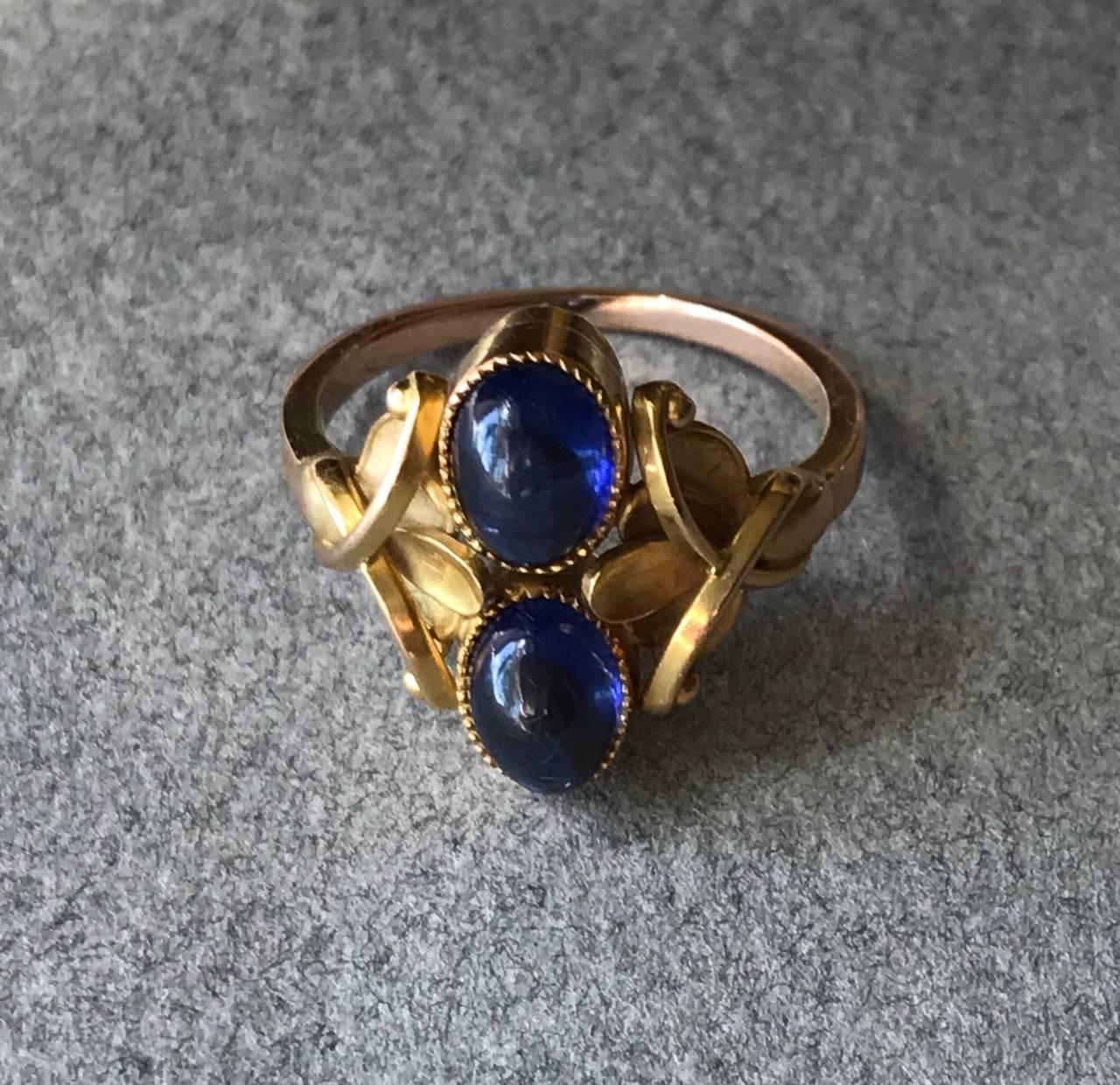 Art Deco Georg Jensen Gold Ring with Vibrant Sapphire Cabochons