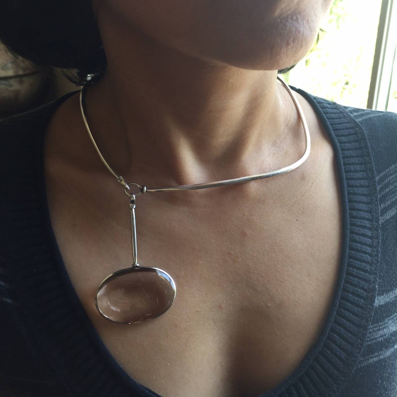 Georg Jensen Neck Ring 133 with Rutilated Quartz Drop 173 by Vivianna Torun In Excellent Condition In San Francisco, CA
