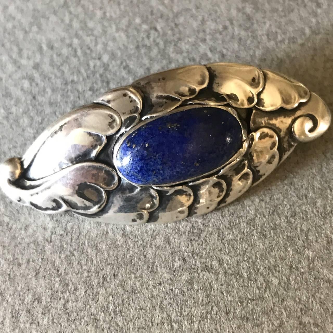 Art Nouveau Georg Jensen 830 Silver Brooch No. 168 with Lapis Lazuli For Sale