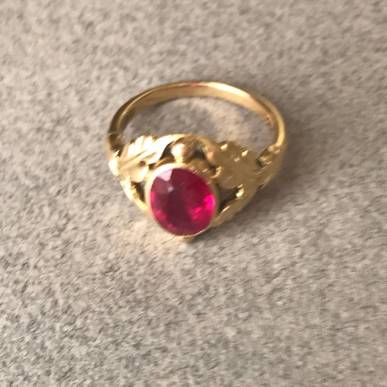 Women's or Men's Georg Jensen 18 Karat Gold Ring with Synthetic Ruby No. 208 (Size 5.5 ) For Sale