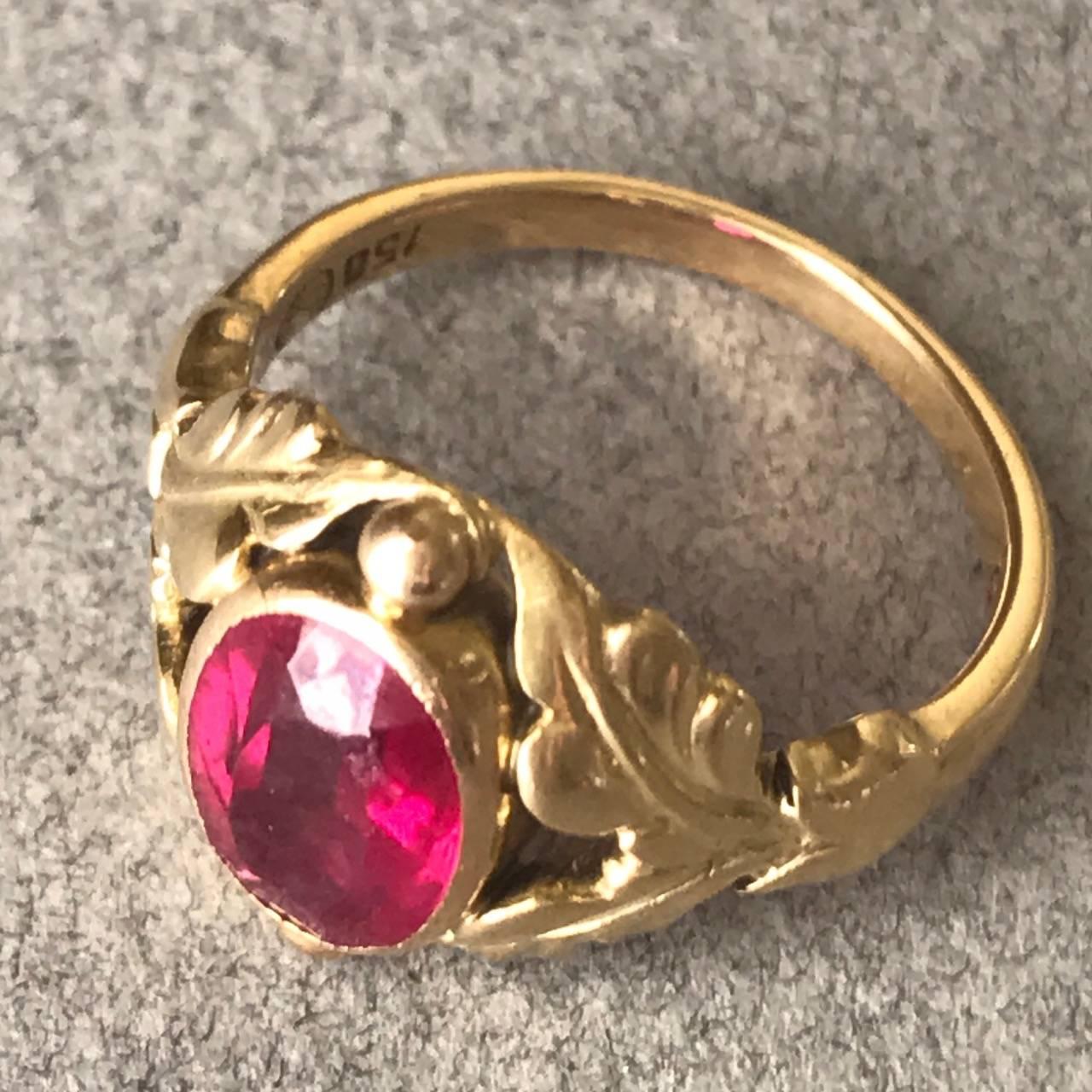 Art Nouveau Georg Jensen 18 Karat Gold Ring with Synthetic Ruby No. 208 (Size 5.5 ) For Sale