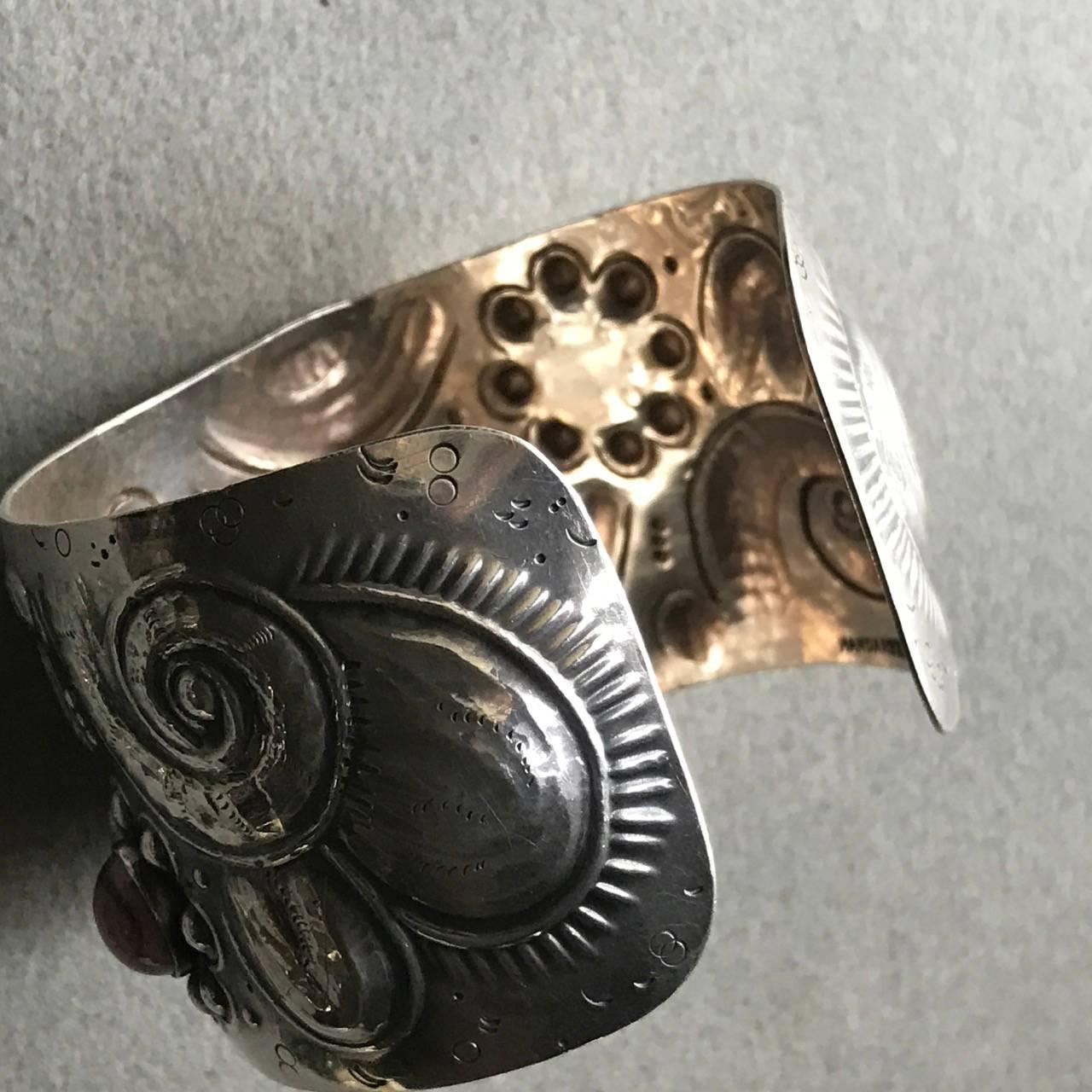 

Unique Repousse 900 Silver Cuff with Rhodonite Cabochons Circa 1920's

Handwrought. Handmade. (Hallmarked 