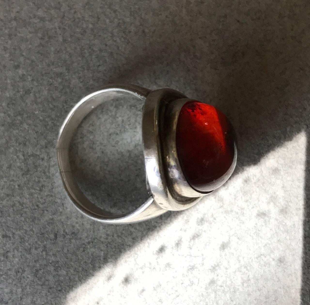 Art Deco Georg Jensen Sterling Silver Amber Ring by Harald Nielsen, No. 46A (Size 7) For Sale