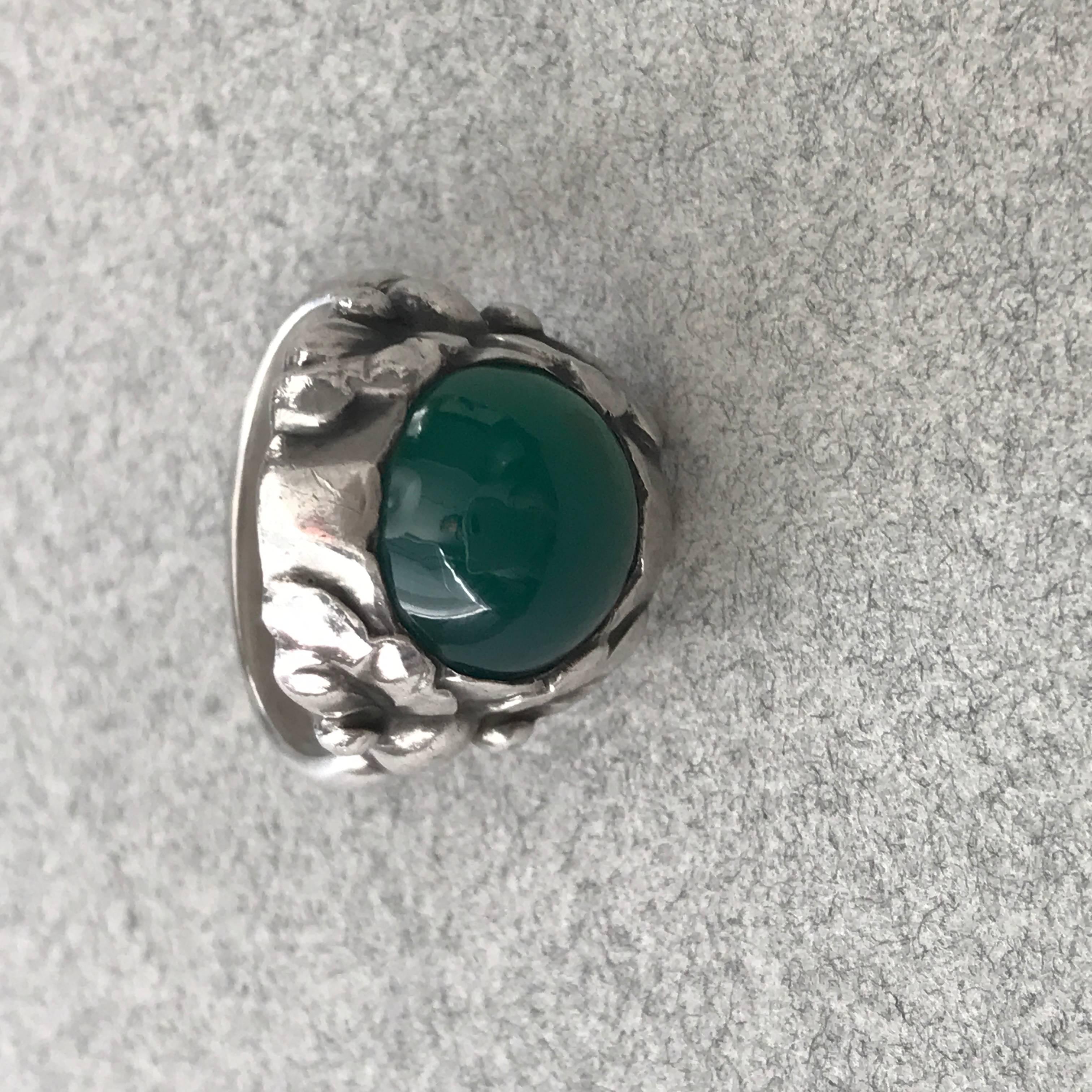 Art Nouveau Georg Jensen .830 Silver and Chrysophase Ring, No. 11A (Size 7.5) For Sale