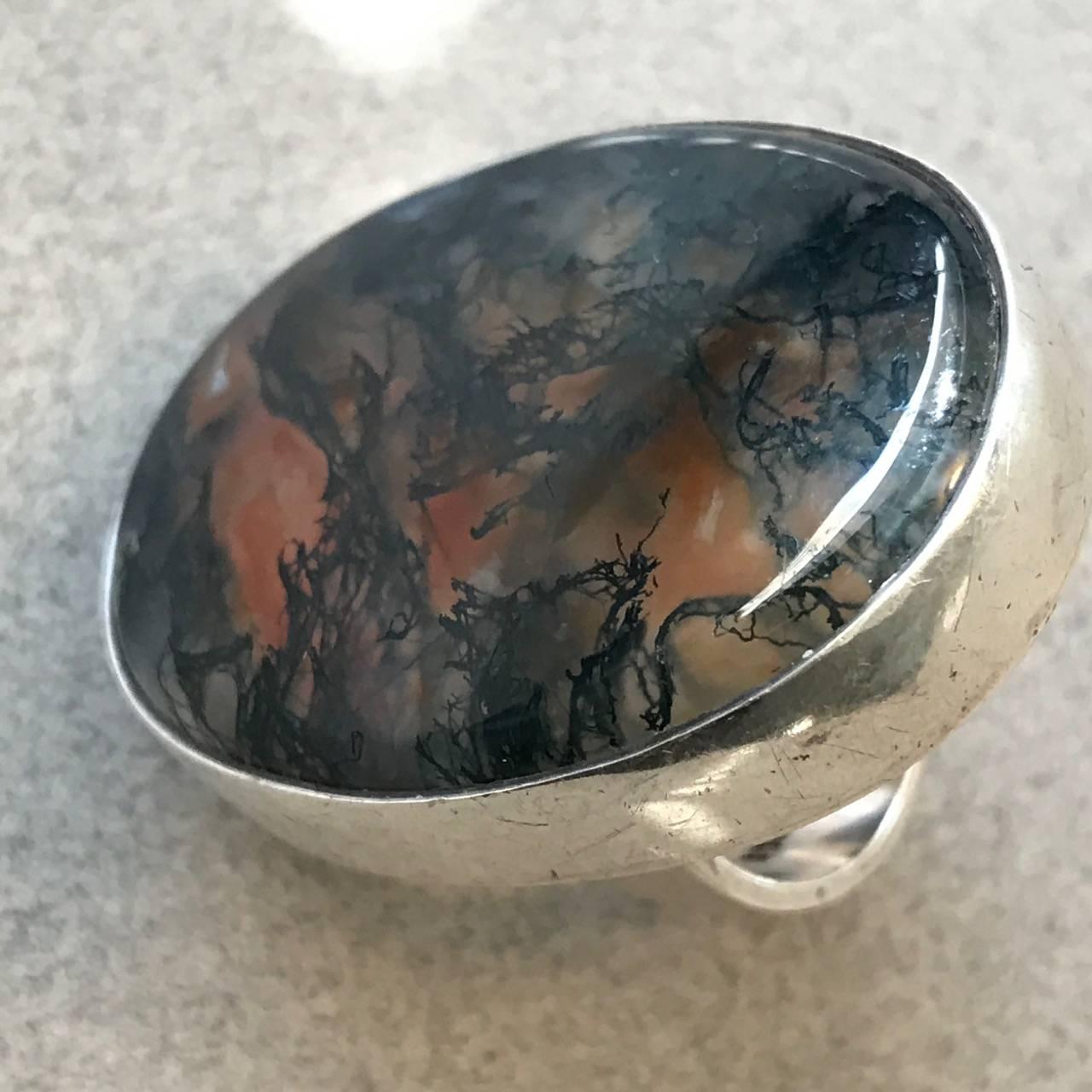 Hans Hansen Modernist Sterling Silver and Moss Agate Ring(Size 6) In Excellent Condition For Sale In San Francisco, CA