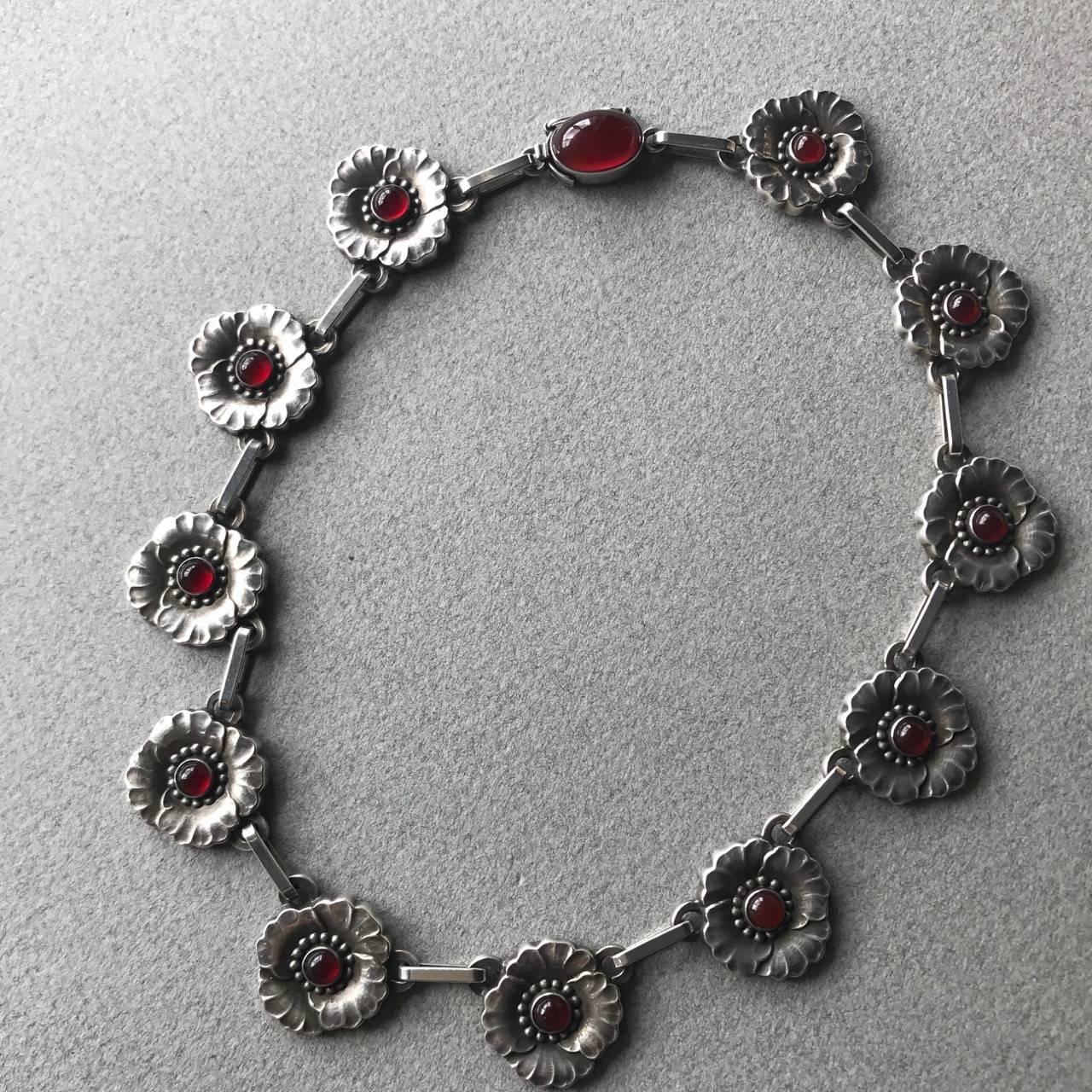 Art Nouveau Georg Jensen Sterling Silver Flower Necklace No 30A with Carnelian Cabochons For Sale