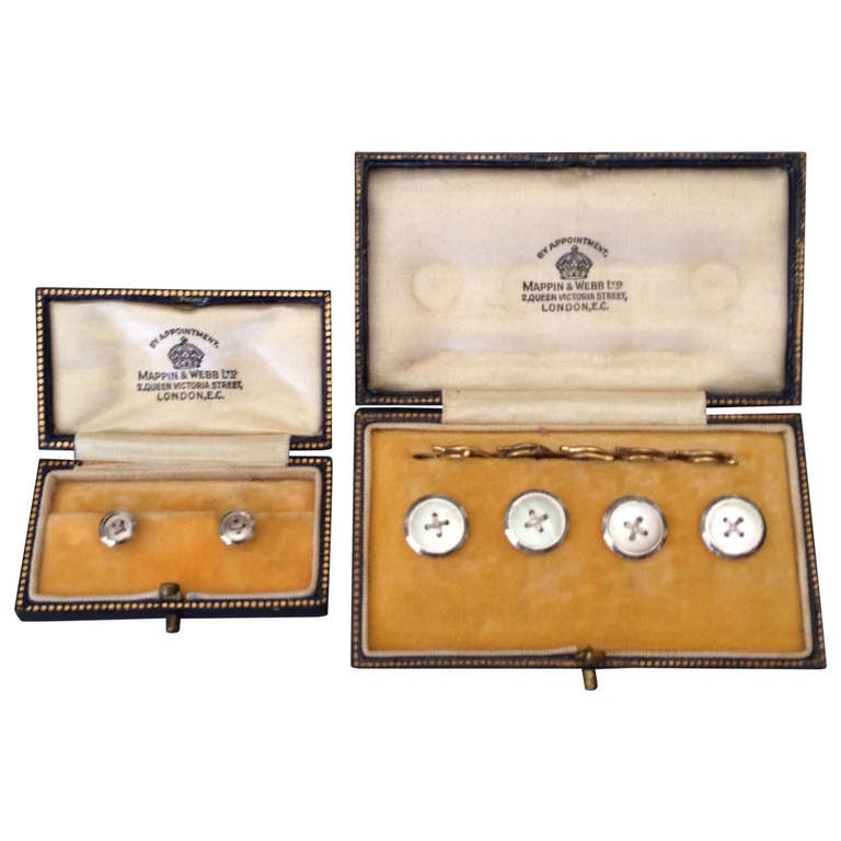 Mappin and Webb, Ltd. Silver Gold Stud Set 4 Button 2 Collar Tacks