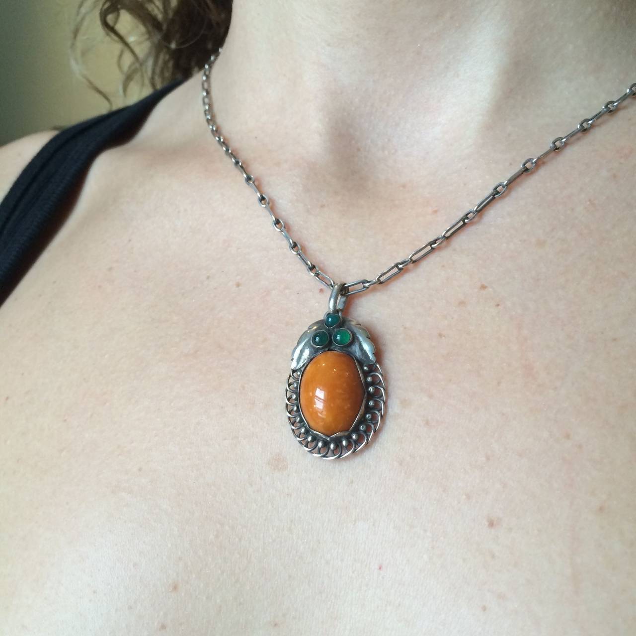 Georg Jensen Pendant With Amber And Chrysoprase No. 23 In Excellent Condition In San Francisco, CA