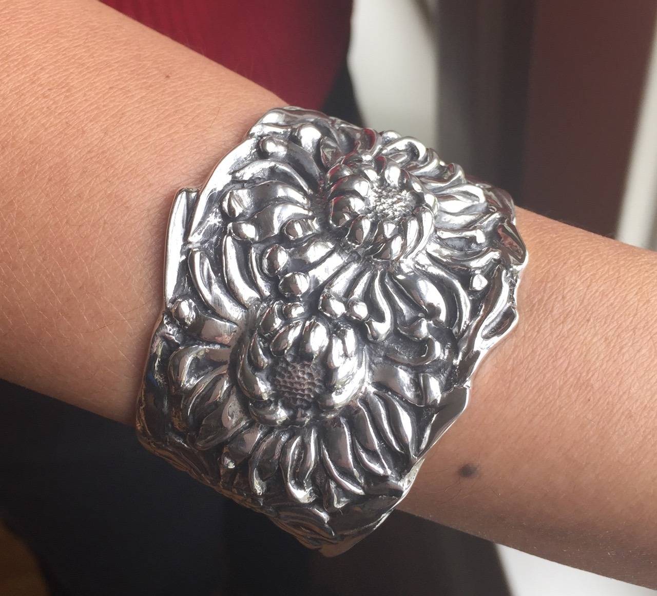 Contemporary Galmer Sterling Silver Repousse Chrysanthemum Cuff Bracelet