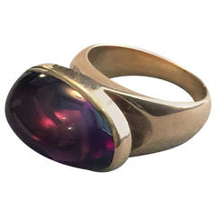 Georg Jensen by Tuk Fischer Modernist Amethyst Cabochon Gold Ring No. 1096