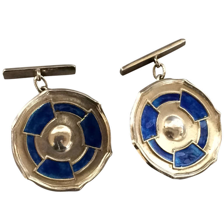 English Cufflinks by Cymric Designed by Archibald Knox with Blue Enamel