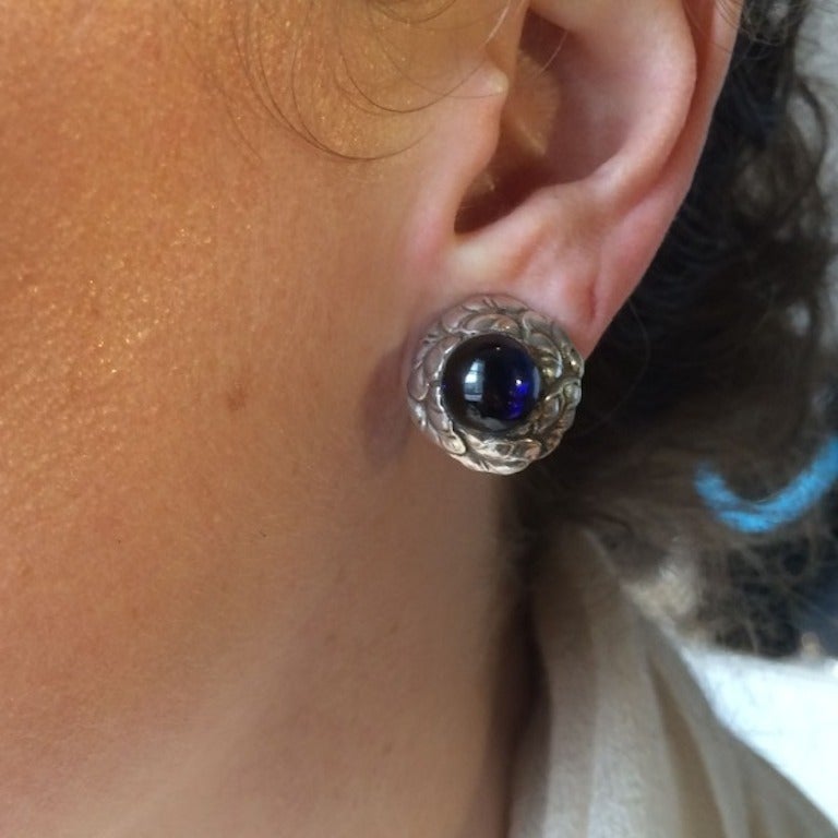 Georg Jensen Sterling Silver Synthetic Sapphire Cabochon Clip-On Earrings No. 74 In Excellent Condition In San Francisco, CA