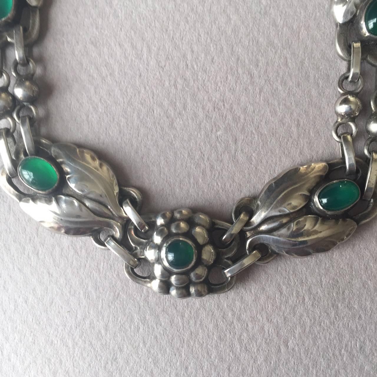 Art Nouveau Georg Jensen 830 Silver Necklace No. 1 with Green Chrysoprase