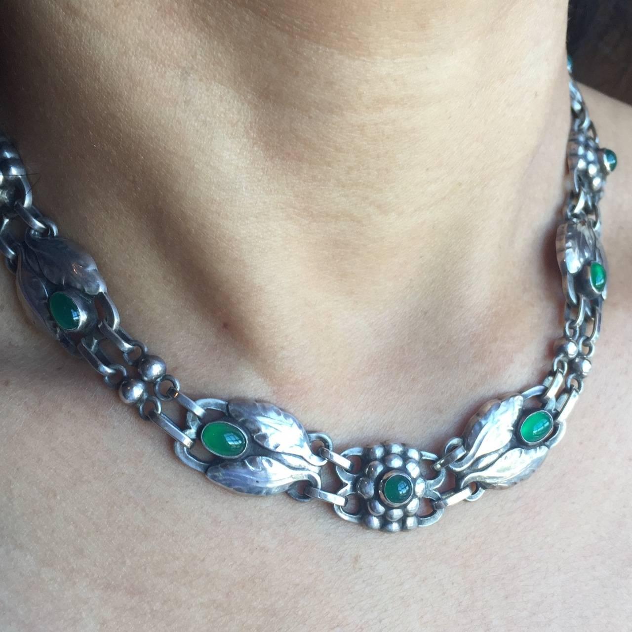 Georg Jensen 830 Silver Necklace No. 1 with Green Chrysoprase In Excellent Condition In San Francisco, CA