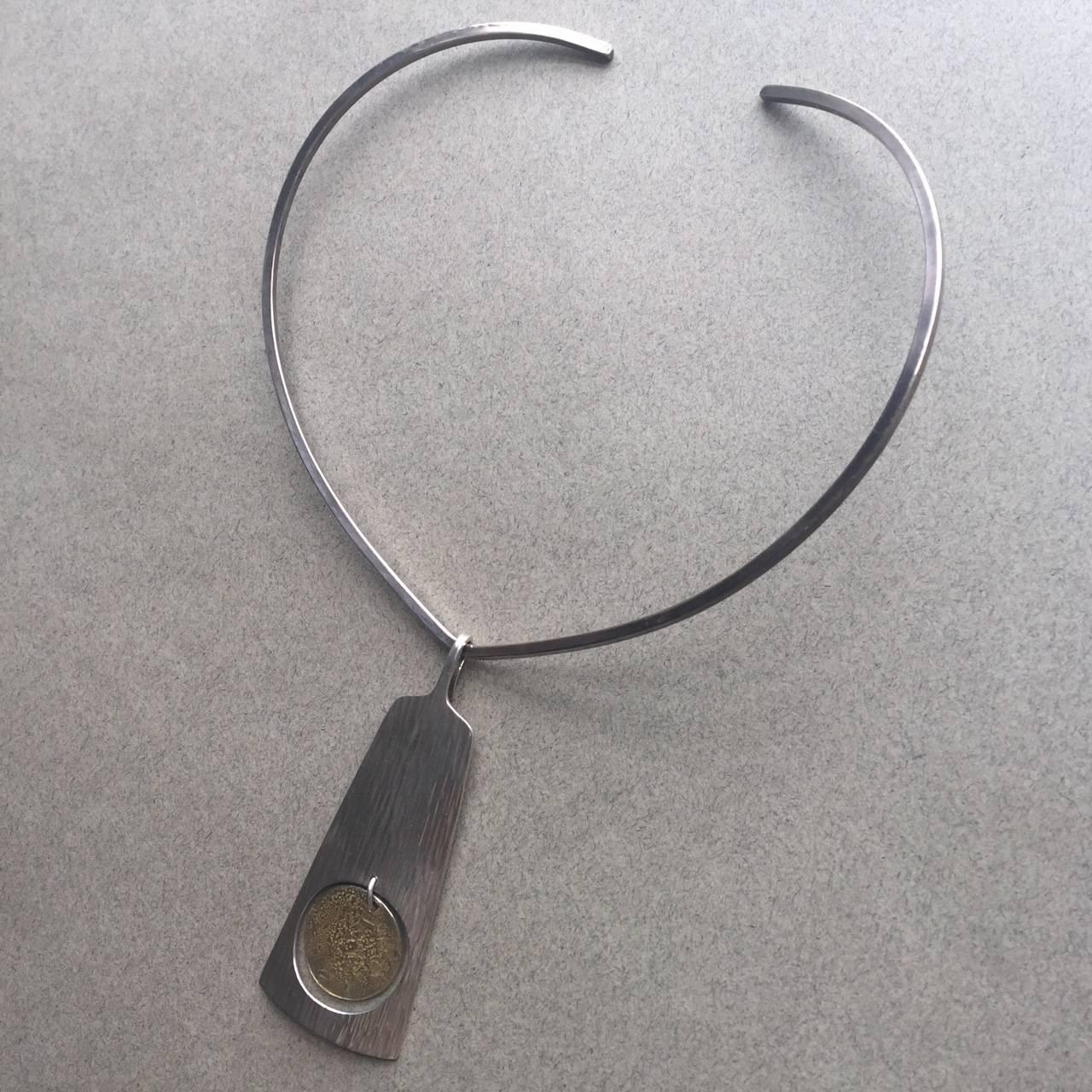 Modernist Hans Hansen Sterling Silver Gold Vermeil Pendant on Sterling Silver Neckring