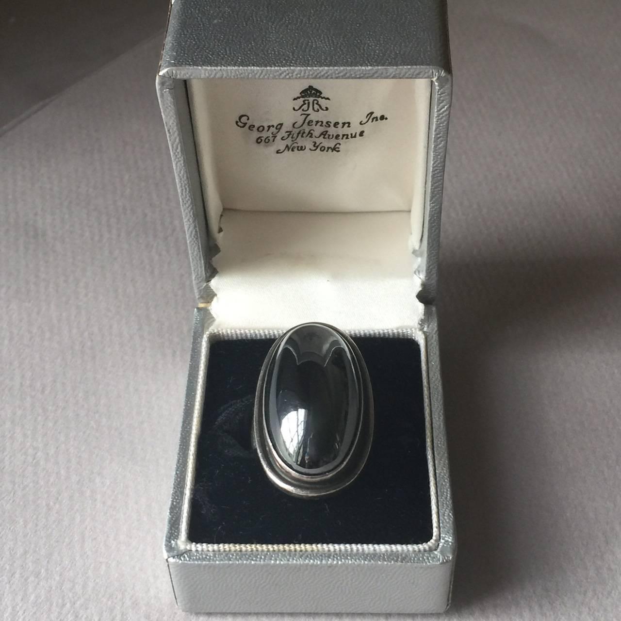 Women's or Men's Georg Jensen Ring No. 46E with Hematite Cabochon by Harald Nielsen (Size 7) For Sale